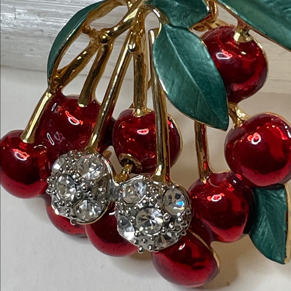 Vintage Gold Tone Enamel Rhinestone Cherry Branch Brooch Pin - Picture 2 of 5